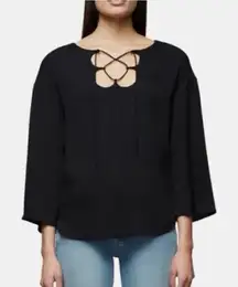 Frame Top Women's Black Mirrored Lace Up Blouse Tie Front‎ Crepe Shirt Sz S
