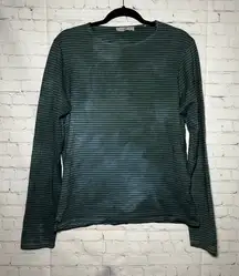Sandro Paris Women Long Sleeve Striped Crew Neck Top Green Black Quiet Luxury LG
