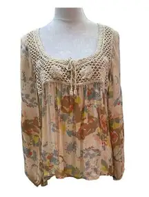 Sanctuary Boho Beige Print with Crochet Front Blouse Size S