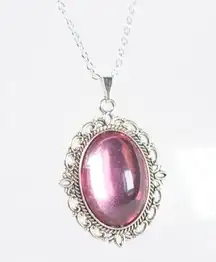 Silver Tone Metal Blush Pink Romantic Victorian Filigree Cameo Style Necklace