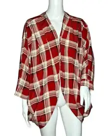 Alya Kimono Womens Small Red Cream Plaid Topper Academia Bohemian Preppy Casual