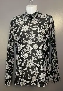 White House Black Market Shirt Womens Medium Black White Floral Mesh Mock Neck