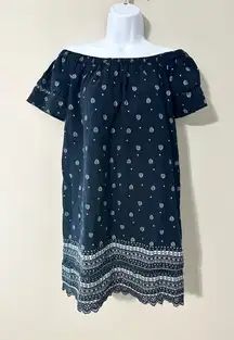 Marabelle Off Shoulder Dress Navy Blue White Paisley Print Women's Size S