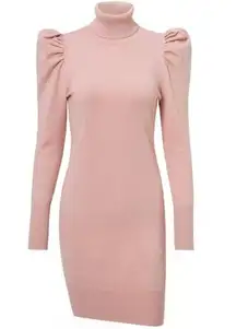 Turtle neck bodycon dress Puff shoulder pink NWT