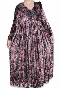Vintage Nostalgia Dark Floral Velvet Maxi Dress Long Sleeve Button Front Fairy