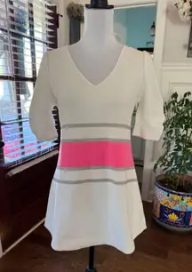 Deletta EUC White and Pink Striped Tunic/Dress w/ Zipper Back and Ruched Sleeves