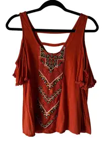 Eyeshadow Y2K Embroidered‎ Cold Shoulder Top M Rust Orange Boho Festival Style