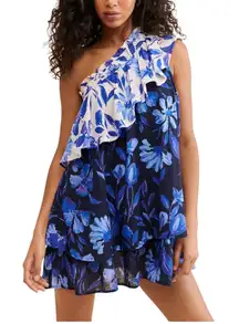 Anthropologie Floral One-Shoulder Blue Dress