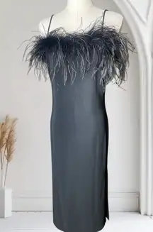 WINNER Vintage 90s Black Feather
Trim Midi Slip Dress Sides Slit S