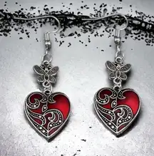 1 Pair Gothic Retro Style Punk‎ Butterfly Red Heart-shaped Zinc Alloy Earrings