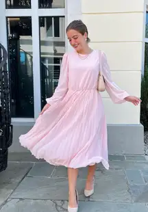 NWT Pastel Pink Longe Sleeve MIDI Dress Wedding Guest Dress Baby Shower Dress 