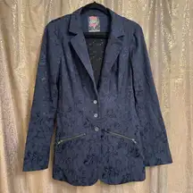 Free People Navy Blue Victorian Jacquard Lace Tie Back Button Blazer Size 8