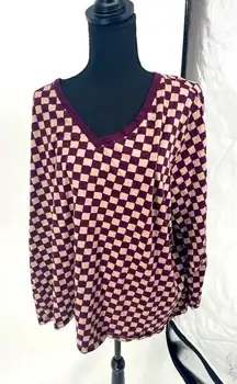 Sonoma Checkered‎ V-Neck Long Sleeve Top Patterned Pullover Blouse, Size 3X