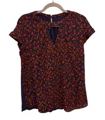 Fortune + Ivy Navy Red Abstract Print Blouse Flutter Sleeve Office Casual M