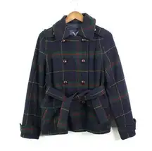 American Eagle Plaid Double Breasted Pea Coat Navy M