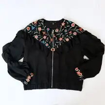 Zara TRF Outerwear M Floral Embroidered Yoke Black Full Zip Jacket Ruffle Sleeve