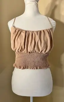 Love Tree Beige Tan Brown Pleated Smocked Ruffle Crop Top Medium