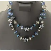 Signed Trifari Vintage Double Strand Glass Bead Necklace Blue Aurora Borealis