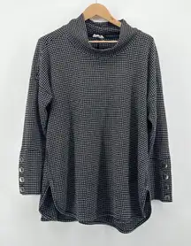 Westbound Woman 1X Black White Textured Checked Mock Neck‎ Button Cuff Tunic Top
