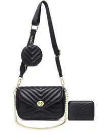 Crossbody Bag with Wallet and Coin purse Black Quilted