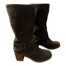 Gioseppo Used Chocolate Brown Stacked Heel Suede Boot with Buckle Fall Classic