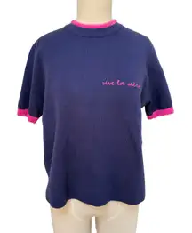 BURU Blue and Pink Vive la Mere Short Sleeve Sweater Large NWOT