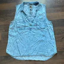 Rock & Republic Denim Sleeveless Lace Back Top Lightweight Blue XL