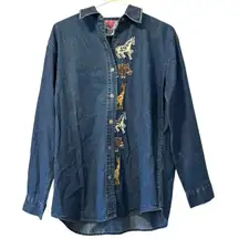 Keren Hart Denim Shirt Women Size Small Embroidered‎ Long Sleeve Safari Read