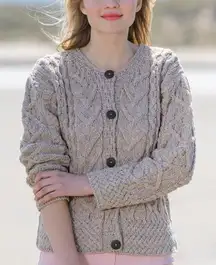 Aran Woollen Mills Merino Wool Button Front Cable Knit Cardigan Sweater Tan XL