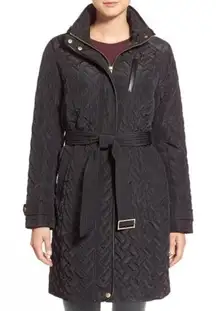 Cole Haan Black Signature Quilt Belted Coat With Lambskin Trim, Size Small