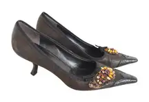 90'S VINTAGE RARE Y2K PRADA CRYSTAL RHINESTONE‎ LEATHER KITTEN HEELS PUMPS 7/37