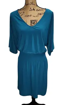 White House Black Market Teal Dress V-Neck Dolman Sleeve‎ Smocked Waist M