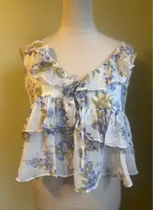 LOVE TREE boho Floral Ruffle Peplum Tie Tank Top L Blue cottage fairy romantic