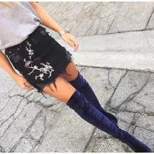 Carmar Black High Rise Slim Fit Distressed Floral Embroidered Denim Skirt