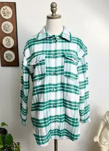 Joie Thick Flannel White Green Plaid Shirt Jacket Medium