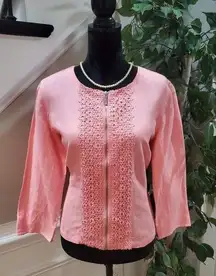 Ruby Rd. Women Pink Lace Floral Linen Long Sleeve Casual Full Zip Jacket Size 12