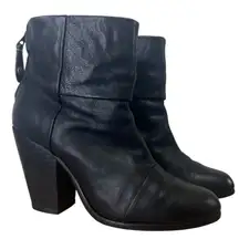 Rag & Bone Newbury Black Leather Ankle Boots Booties 7.5 Block Heel Zip Moto