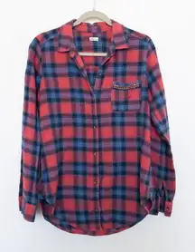 Hollister Womens Button Down Shirt Sz L‎ Red Blue Plaid Flannel Grunge Y2K Indie