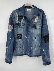 FWRD Patchwork Grunge Paint Splatter Jean Jacket Women XL Blue Skater Retro Y2K
