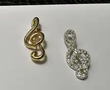 Lot Of 2 Musical Music Note Brooch Pins Clear Rhinestone
