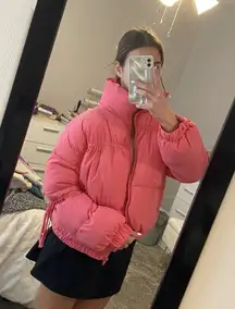 Palmetto Moon pink puffer jacket with bows on sleeve