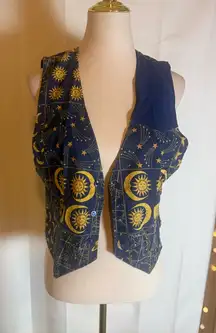Vintage Celestial Sun Moon Vest Unisex Boho Astrology Print Button Velcro Front