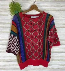 Vintage Rainbow Color Open Knit Half Sleeve Sweater Tee