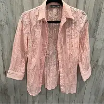 Apt 9 Pink Eyelet Lace Button Front 3/4 Sleeve Shirt Womens Small