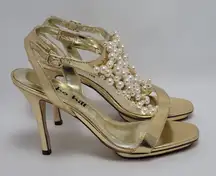 Alisha Hill Heels Cluster Faux Pearl T-Strap Open-Toe Metallic Gold Sandal Sz 8M