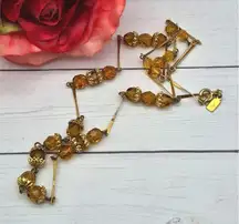 Vintage ACT II Gold Tone & Amber Color Bead Bar Link Collar Necklace 22" Dainty