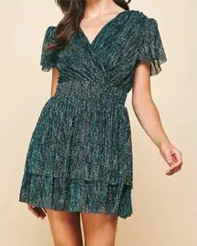 PINCH Green Metallic Tiered Mini Dress Size M