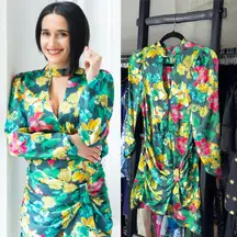 Zara Green Floral Satin Mini Dress with Keyhole Neckline