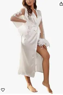 Amazon Women's Elegant Fuzzy V Neck Long Sleeve Belted Wedding Day Bride Satin Robe