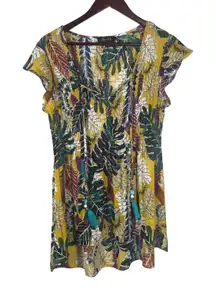 Melissa Paige‎ Women's Top M Boho Leaf Print Pleated Tunic Blouse Tassel Detail